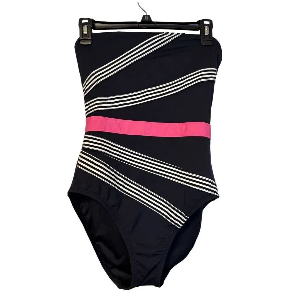 Anne Cole Stripe Bandeau One Piece Swim Suit Black/Pink/White Sz. M Beach